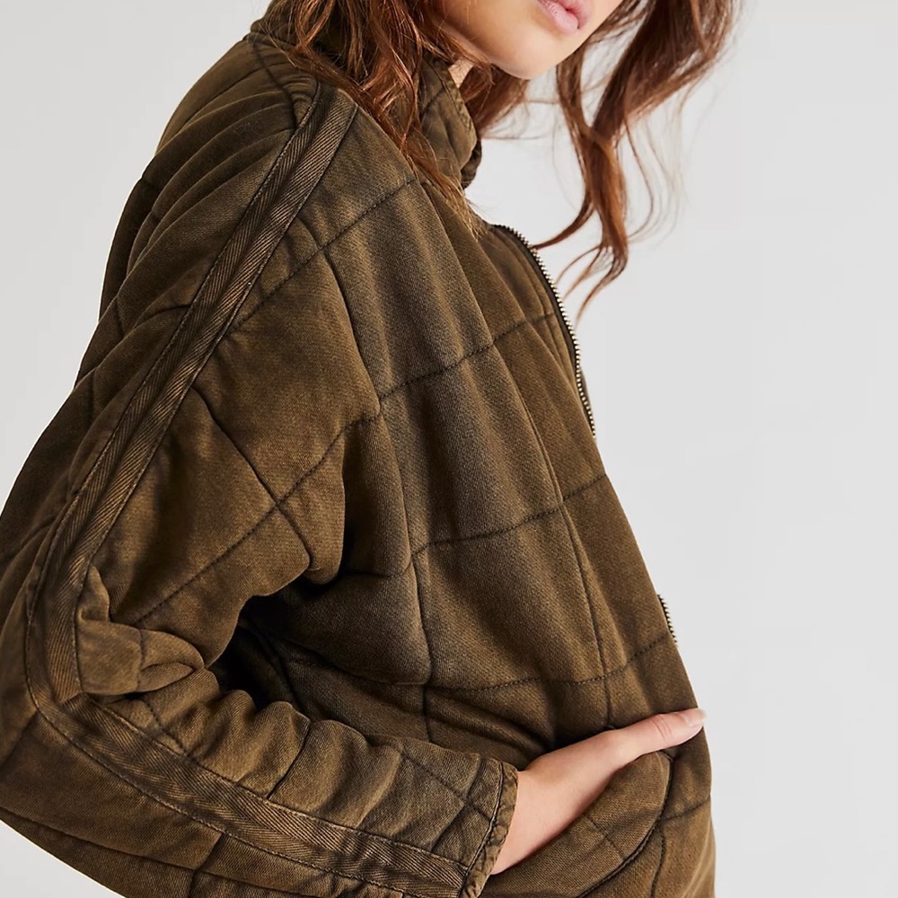Free People | Dolman Quilted Knit Jacket Olive Green Bomber Jacket - Picture 3 of 7